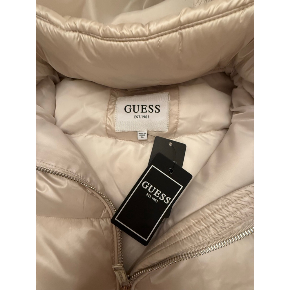 GUESS Beige Cream Puffer Jacket with Faux Fur Hood, Size M NWT - Picture 12 of 16